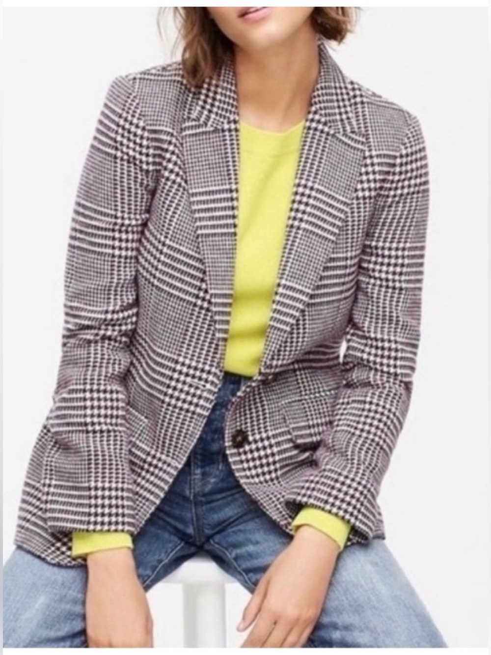 NWT J. Crew Houndstooth Boyfriend Wool Blend Black White Blazer Size 8P